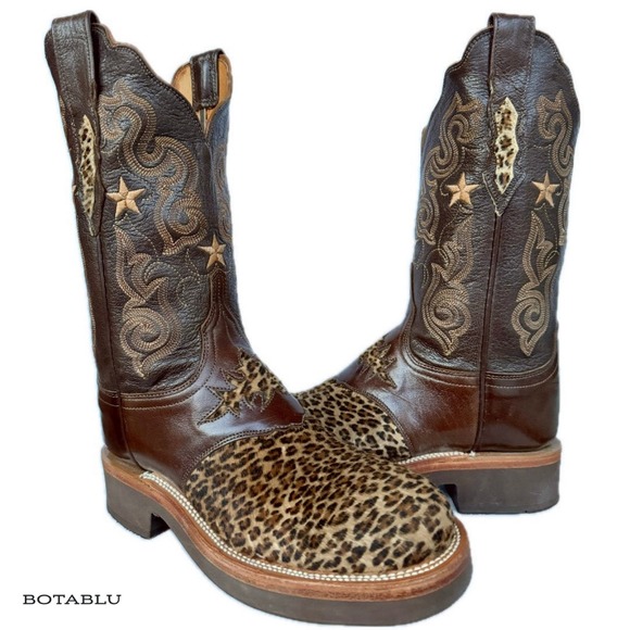 LUCCHESE Leopard Hair On Crepe Sole Brown Western Cowboy Boots - Picture 1 of 7